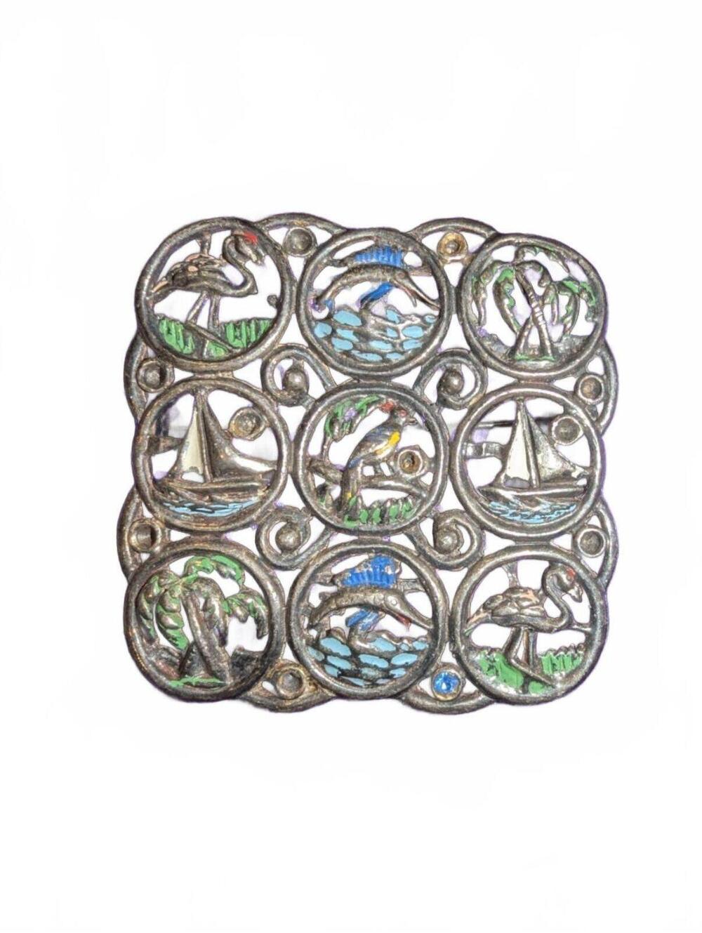 Vintage Silver-Tone Enamel Bird Motif Square Brooch Pin